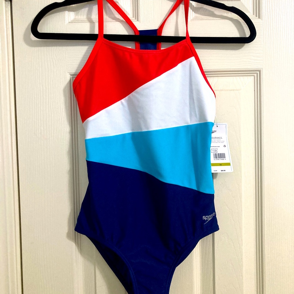 Red White & Blue Girls' Solid Radiating Splice One Piece Speedo Swimsuit size 14
